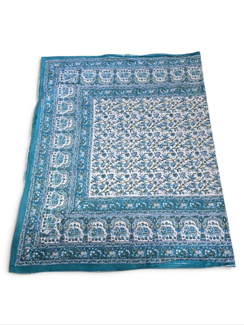 Blue Floral Block Print Tablecloth - Lightweight Cotton